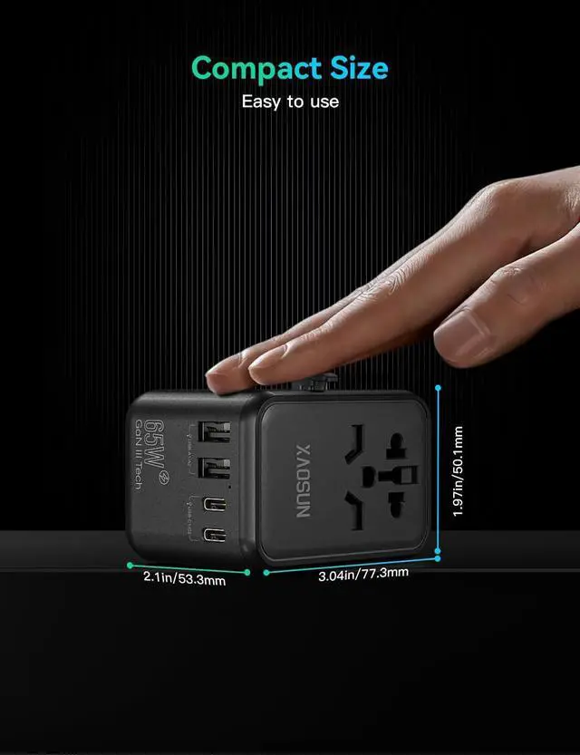 Alt view image 7 of 7 - Universal Travel Adapter, 65W GaN Travel Plug Adapter, International Charger AC Plug Adapter 3 Type-C & 2 USB-A, Worldwide Travel for Most Europe EU US UK AU JP