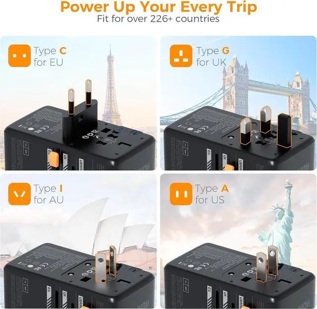 Alt view image 5 of 6 - 140W GaN Universal Travel Adapter, International Plug Adaptor with 3 USB C and 1 USB A Charging Ports, Worldwide Power Outlet for US to Europe UK AUS Ireland(Type C/G/A/I), Black