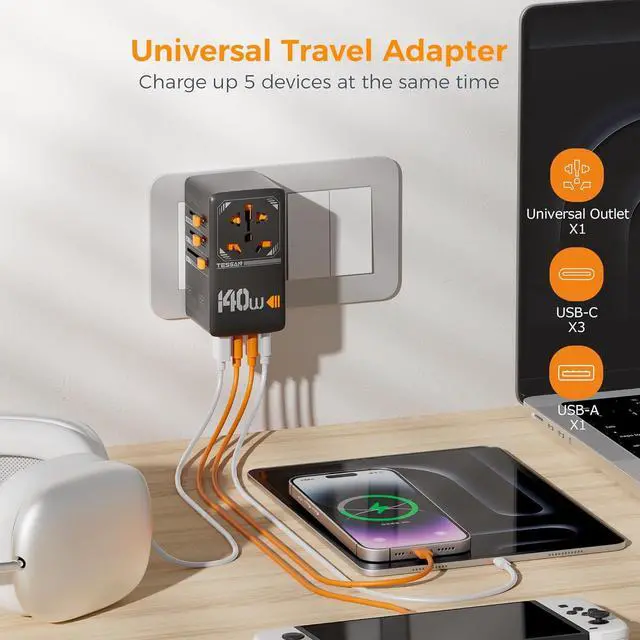 Alt view image 4 of 6 - 140W GaN Universal Travel Adapter, International Plug Adaptor with 3 USB C and 1 USB A Charging Ports, Worldwide Power Outlet for US to Europe UK AUS Ireland(Type C/G/A/I), Black
