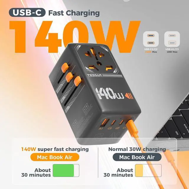 Alt view image 2 of 6 - 140W GaN Universal Travel Adapter, International Plug Adaptor with 3 USB C and 1 USB A Charging Ports, Worldwide Power Outlet for US to Europe UK AUS Ireland(Type C/G/A/I), Black