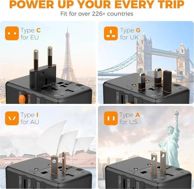 Alt view image 4 of 7 - Universal Travel Adapter, GaN 65W International Plug Adaptor with 4 USB(2 USB C) Charging Ports, Worldwide Power Outlet for US to European EU UK AUS Ireland(Type C/G/A/I)