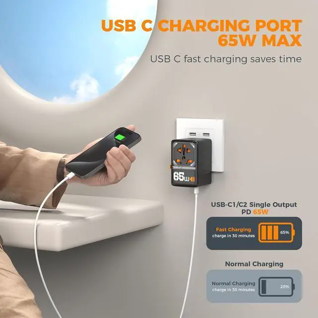 Alt view image 2 of 7 - Universal Travel Adapter, GaN 65W International Plug Adaptor with 4 USB(2 USB C) Charging Ports, Worldwide Power Outlet for US to European EU UK AUS Ireland(Type C/G/A/I)