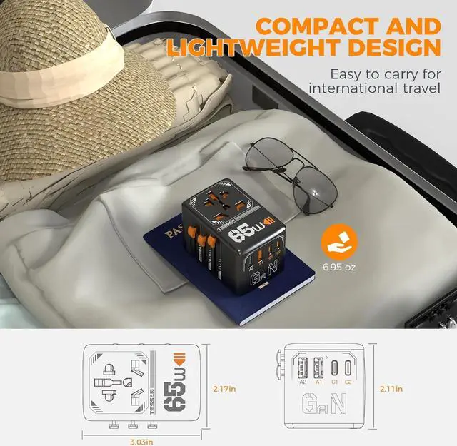 Alt view image 7 of 7 - Universal Travel Adapter, GaN 65W International Plug Adaptor with 4 USB(2 USB C) Charging Ports, Worldwide Power Outlet for US to European EU UK AUS Ireland(Type C/G/A/I)