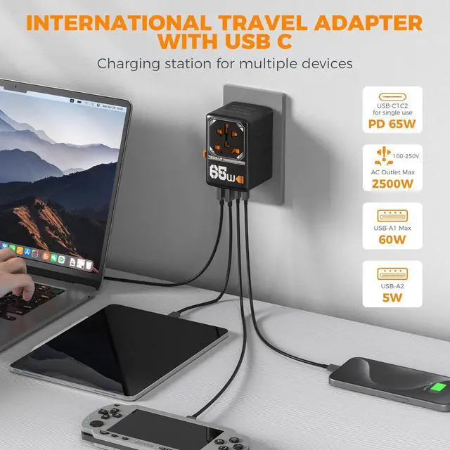 Alt view image 6 of 7 - Universal Travel Adapter, GaN 65W International Plug Adaptor with 4 USB(2 USB C) Charging Ports, Worldwide Power Outlet for US to European EU UK AUS Ireland(Type C/G/A/I)