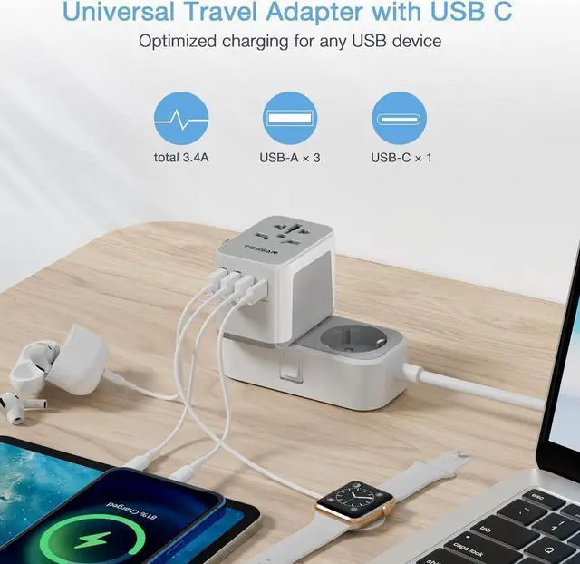 Alt view image 3 of 6 - International Plug Adapter, Universal Power Adaptor with 4 USB Ports (1 USB C), Worldwide Travel Essentials Wall Charger for USA to Europe France Germany Spain Ireland Australia(Type C/G/A/I)