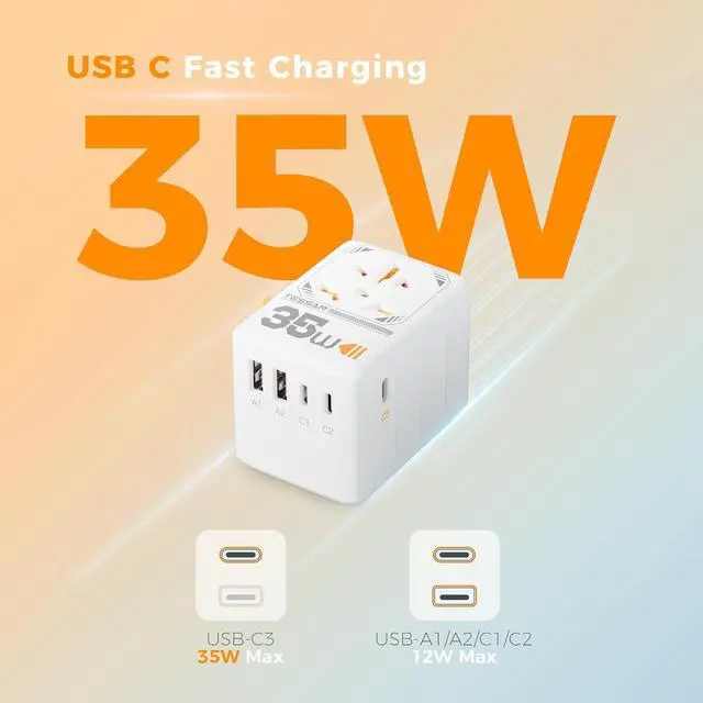 Alt view image 3 of 6 - 35W Universal Travel Adapter, International Plug Adaptor with 3 USB C and 2 USB A Charging Ports, Worldwide Power Outlet for US to European EU UK AUS Ireland(Type C/G/A/I)