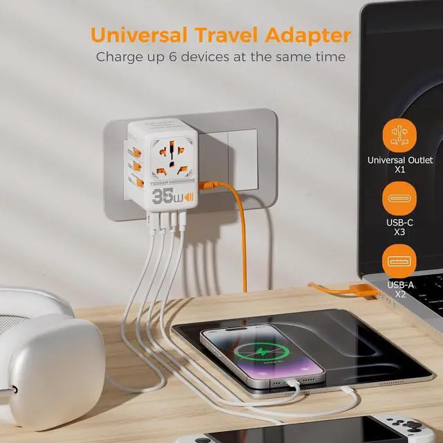 Alt view image 4 of 6 - 35W Universal Travel Adapter, International Plug Adaptor with 3 USB C and 2 USB A Charging Ports, Worldwide Power Outlet for US to European EU UK AUS Ireland(Type C/G/A/I)