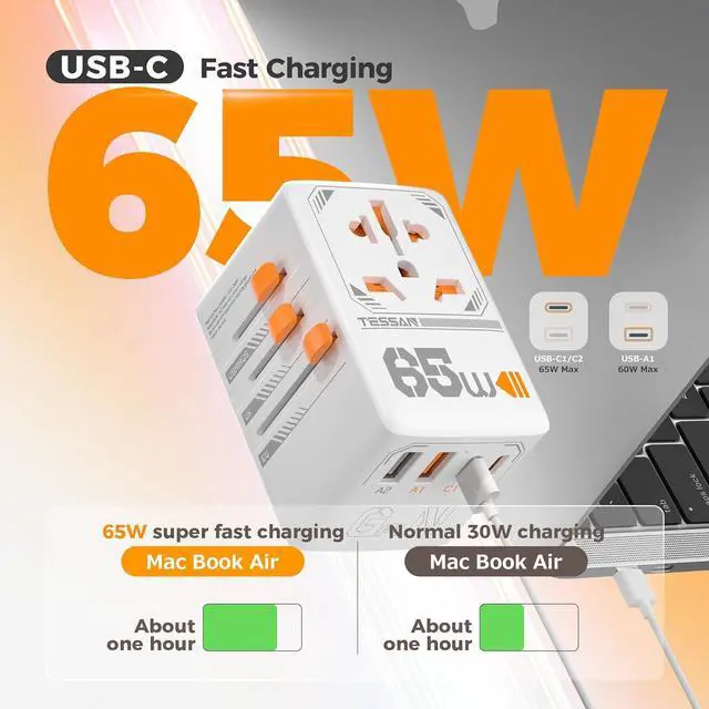 Alt view image 3 of 6 - 65W GaN Universal Travel Adapter, International Plug Adaptor with 4 USB(2 USB C) Charging Ports, Worldwide Power Outlet for US to European EU UK AUS Ireland(Type C/G/A/I)