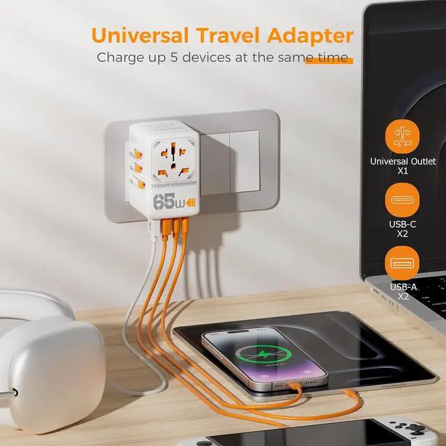 Alt view image 6 of 6 - 65W GaN Universal Travel Adapter, International Plug Adaptor with 4 USB(2 USB C) Charging Ports, Worldwide Power Outlet for US to European EU UK AUS Ireland(Type C/G/A/I)