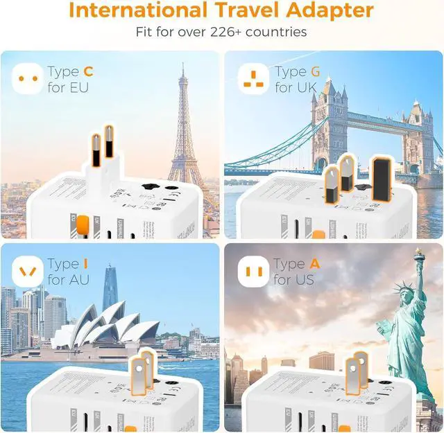 Alt view image 2 of 6 - 65W GaN Universal Travel Adapter, International Plug Adaptor with 4 USB(2 USB C) Charging Ports, Worldwide Power Outlet for US to European EU UK AUS Ireland(Type C/G/A/I)