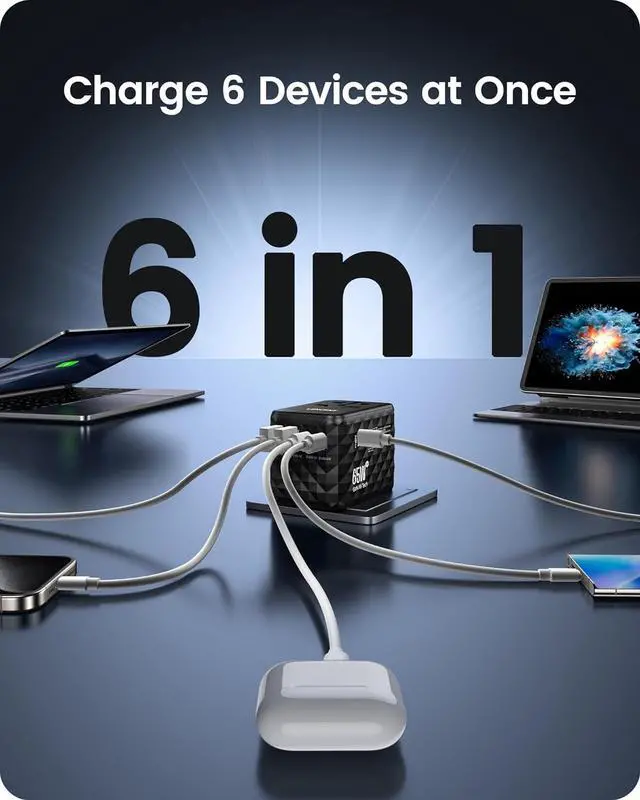 Alt view image 6 of 7 - 65W International Travel Adapter, GaN Universal Travel Adapter with 2 USB-A & 3 Type C Power Adapter, Fast Charger for Phone,Laptops, Worldwide Plug Adapter for USA/UK/EU/AUS, Black