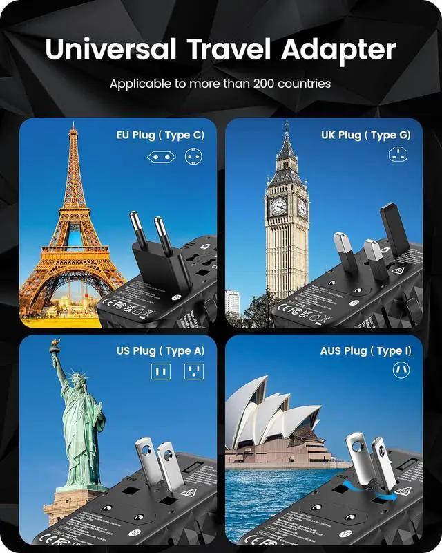 Alt view image 2 of 7 - 65W International Travel Adapter, GaN Universal Travel Adapter with 2 USB-A & 3 Type C Power Adapter, Fast Charger for Phone,Laptops, Worldwide Plug Adapter for USA/UK/EU/AUS, Black