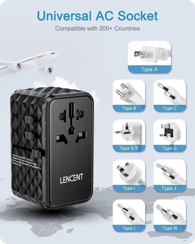 Alt view image 7 of 7 - 100W International Travel Adapter, GaN Universal Travel Adapter with 2 USB-A & 2 Type C Power Adapter, Fast Charger for Phone,Laptops, Worldwide Plug Adapter for USA/UK/EU/AUS, Black