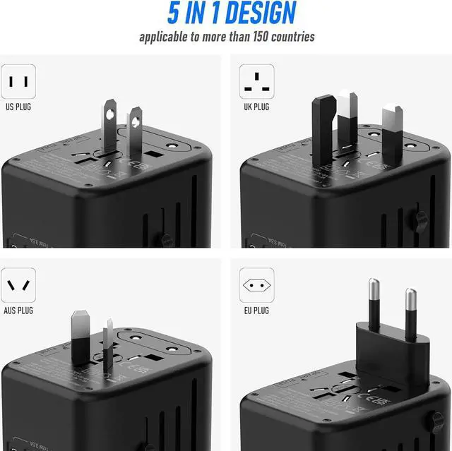 Alt view image 3 of 7 - Universal International Power Travel Plug Adapter, 5 in 1 European Travel Plug Adapter W/ 3.5A 2xUSB-A and 2xUSB C Wall Charger and Worldwide AC Outlet for Europe USA UK AUS Asia (Black Grey)