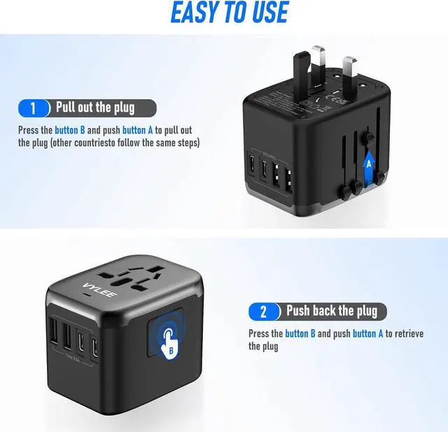 Alt view image 4 of 7 - Universal International Power Travel Plug Adapter, 5 in 1 European Travel Plug Adapter W/ 3.5A 2xUSB-A and 2xUSB C Wall Charger and Worldwide AC Outlet for Europe USA UK AUS Asia (Black Grey)