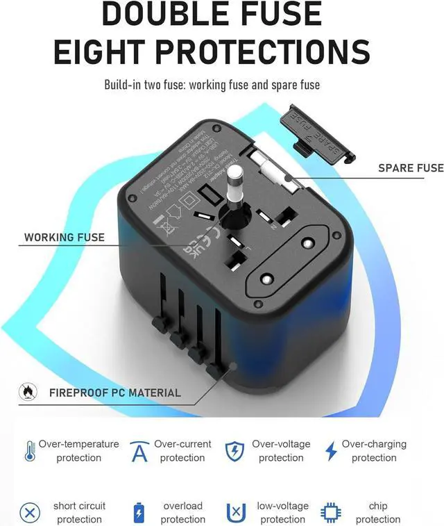 Alt view image 7 of 7 - Universal International Power Travel Plug Adapter, 5 in 1 European Travel Plug Adapter W/ 3.5A 2xUSB-A and 2xUSB C Wall Charger and Worldwide AC Outlet for Europe USA UK AUS Asia (Black Grey)