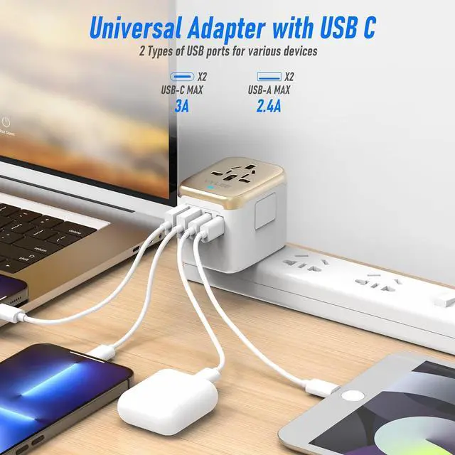 Alt view image 2 of 7 - Universal International Power Travel Plug Adapter, 5 in 1 European Travel Plug Adapter W/ 3.5A 2xUSB-A and 2xUSB C Wall Charger and Worldwide AC Outlet for Europe USA UK AUS Asia (White Gold)
