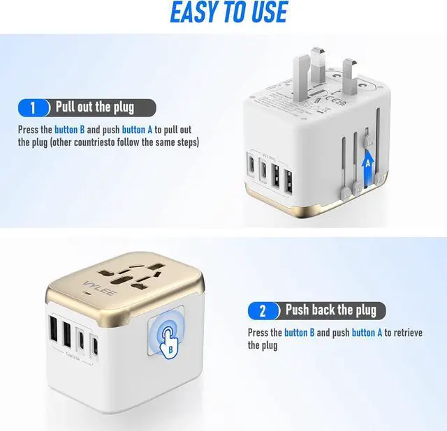 Alt view image 4 of 7 - Universal International Power Travel Plug Adapter, 5 in 1 European Travel Plug Adapter W/ 3.5A 2xUSB-A and 2xUSB C Wall Charger and Worldwide AC Outlet for Europe USA UK AUS Asia (White Gold)