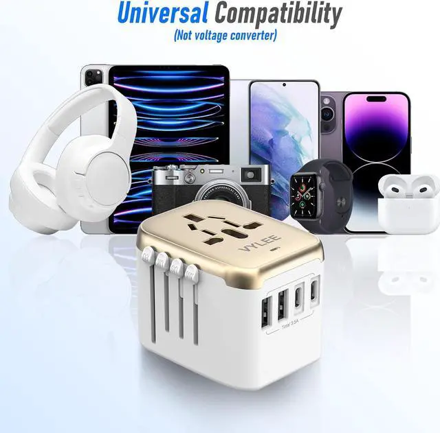 Alt view image 6 of 7 - Universal International Power Travel Plug Adapter, 5 in 1 European Travel Plug Adapter W/ 3.5A 2xUSB-A and 2xUSB C Wall Charger and Worldwide AC Outlet for Europe USA UK AUS Asia (White Gold)