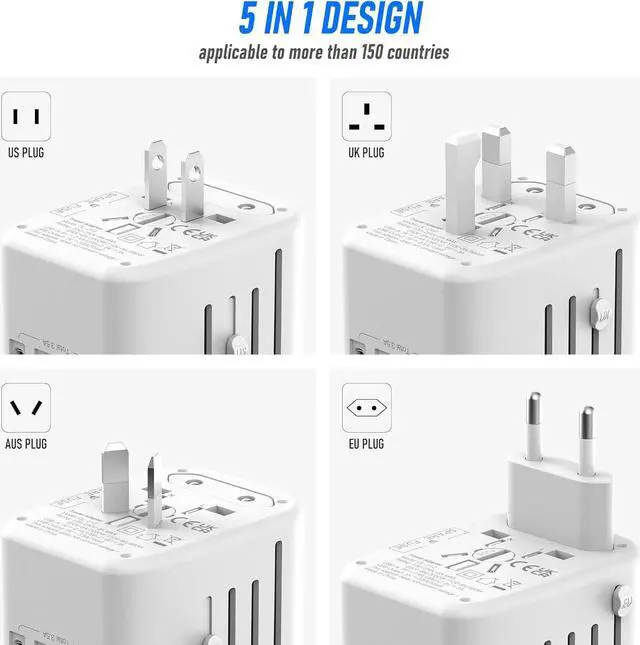 Alt view image 3 of 7 - Universal International Power Travel Plug Adapter, 5 in 1 European Travel Plug Adapter W/ 3.5A 2xUSB-A and 2xUSB C Wall Charger and Worldwide AC Outlet for Europe USA UK AUS Asia (White Grey)