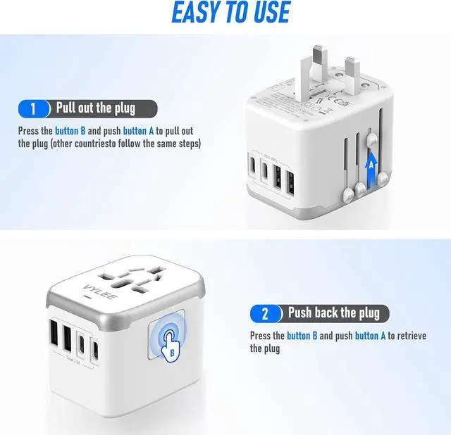 Alt view image 4 of 7 - Universal International Power Travel Plug Adapter, 5 in 1 European Travel Plug Adapter W/ 3.5A 2xUSB-A and 2xUSB C Wall Charger and Worldwide AC Outlet for Europe USA UK AUS Asia (White Grey)