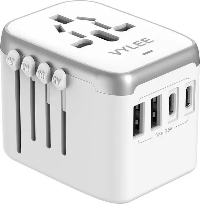 Main image of Universal International Power Travel Plug Adapter, 5 in 1 European Travel Plug Adapter W/ 3.5A 2xUSB-A and 2xUSB C Wall Charger and Worldwide AC Outlet for Europe USA UK AUS Asia (White Grey)