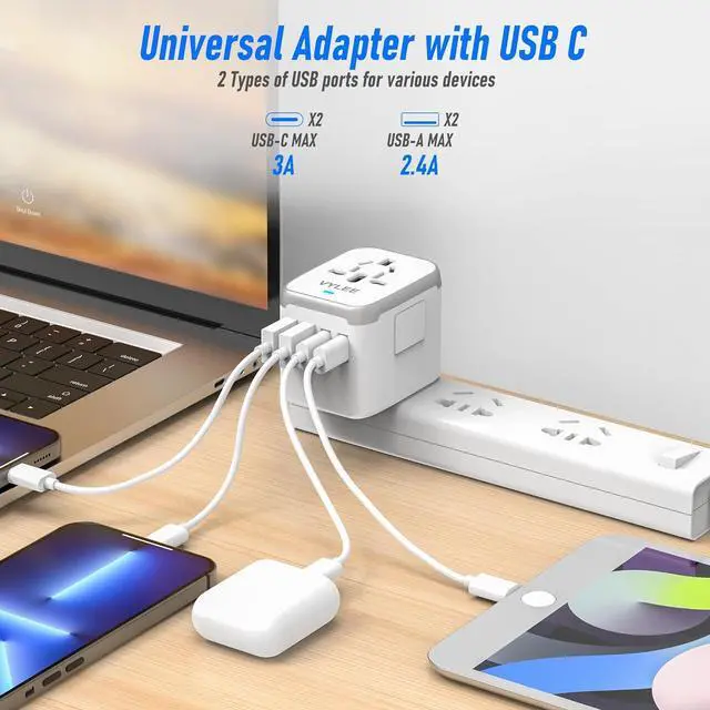 Alt view image 2 of 7 - Universal International Power Travel Plug Adapter, 5 in 1 European Travel Plug Adapter W/ 3.5A 2xUSB-A and 2xUSB C Wall Charger and Worldwide AC Outlet for Europe USA UK AUS Asia (White Grey)