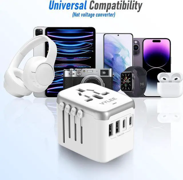 Alt view image 5 of 7 - Universal International Power Travel Plug Adapter, 5 in 1 European Travel Plug Adapter W/ 3.5A 2xUSB-A and 2xUSB C Wall Charger and Worldwide AC Outlet for Europe USA UK AUS Asia (White Grey)