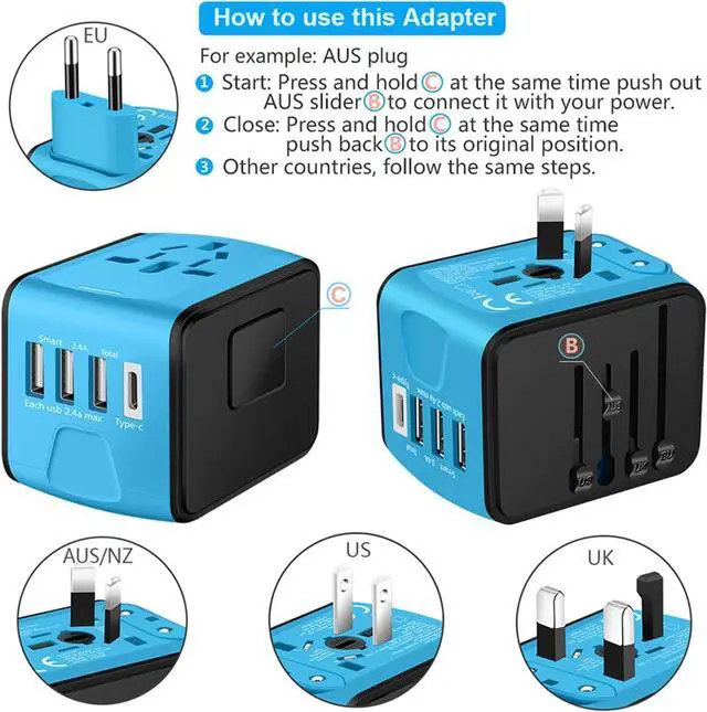 Alt view image 4 of 7 - Travel Adapter Worldwide, Universal International Power Plug Adapter W/2.4A 3xUSB-A and 3.0A Type-C Wall Charger, European Travel Plug Adapter for Europe UK EU US CA AU Italy Asia-Blue