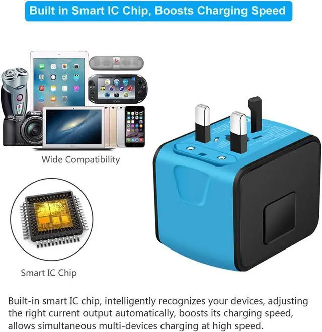 Alt view image 7 of 7 - Travel Adapter Worldwide, Universal International Power Plug Adapter W/2.4A 3xUSB-A and 3.0A Type-C Wall Charger, European Travel Plug Adapter for Europe UK EU US CA AU Italy Asia-Blue