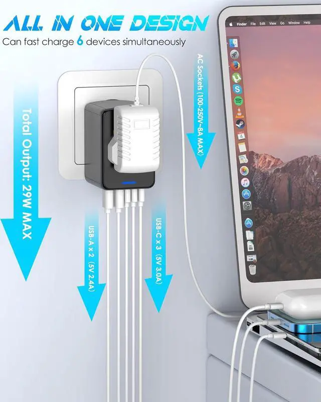 Alt view image 2 of 6 - Universal Travel Adapter Offers 5.8A 3X 3.0A USB-C Ports, 2X 2.4A USB-A Ports and Multi AC Outlet, All-in-One International Power Plug Adaptor Worldwide Charger for EU US UK AU 200+ Countries