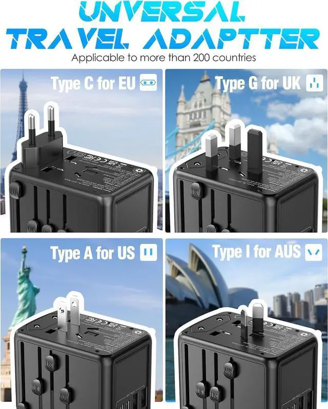 Alt view image 5 of 6 - Universal Travel Adapter Offers 5.8A 3X 3.0A USB-C Ports, 2X 2.4A USB-A Ports and Multi AC Outlet, All-in-One International Power Plug Adaptor Worldwide Charger for EU US UK AU 200+ Countries