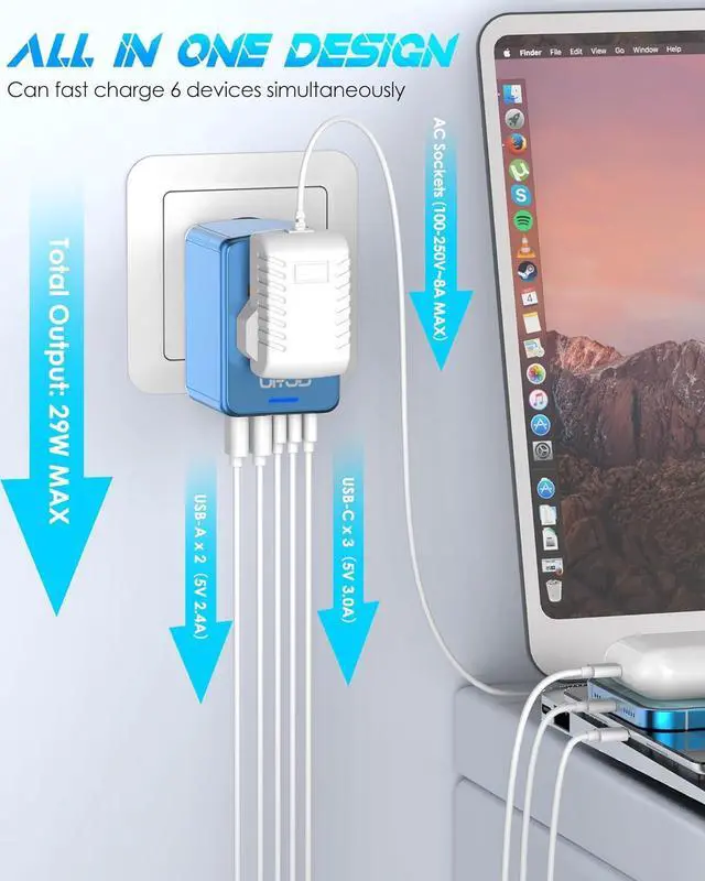 Alt view image 3 of 6 - Universal Travel Adapter Offers 5.8A 3X 3.0A USB-C Ports, 2X 2.4A USB-A Ports and Multi AC Outlet, International Power Plug Adapter Converter Worldwide Travel Charger for EU USA UK AUS (Blue)