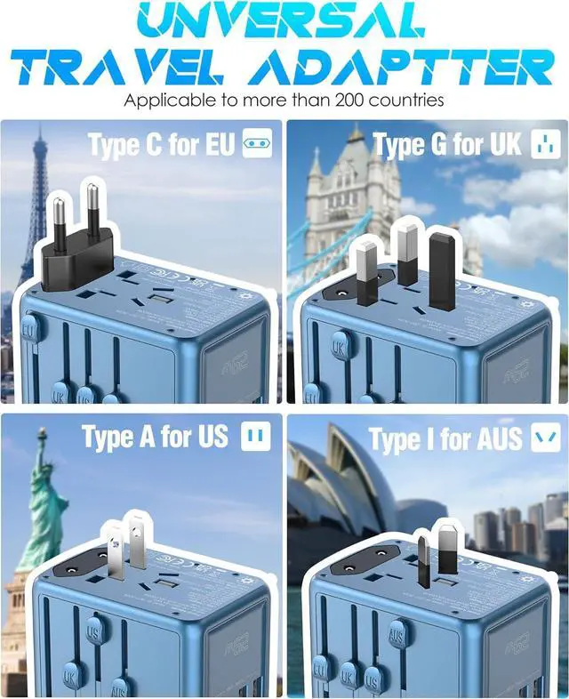Alt view image 2 of 6 - Universal Travel Adapter Offers 5.8A 3X 3.0A USB-C Ports, 2X 2.4A USB-A Ports and Multi AC Outlet, International Power Plug Adapter Converter Worldwide Travel Charger for EU USA UK AUS (Blue)