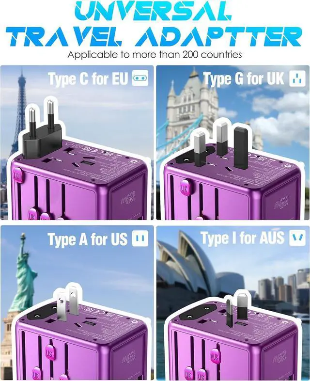 Alt view image 3 of 7 - Universal Travel Adapter Offers 5.8A 3X 3.0A USB-C Ports, 2X 2.4A USB-A Ports and Multi AC Outlet, All-in-One International Power Plug Adapter Worldwide Travel Charger for EU USA UK AUS (Purple)