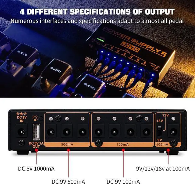 Alt view image 5 of 7 - Built-in 4400mAh Rechargeable Battery Guitar Effect Pedal Power Supply 8 Outputs 9V 12V 18V (100mA, 500mA) Jacks & 5V/1A USB Port (JP-05)