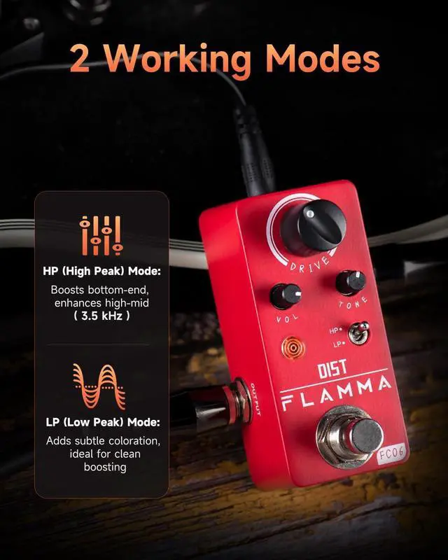 Alt view image 2 of 7 - FC06 Distortion Guitar Pedal Electric Guitar Effects with 2 Modes HP/LP, Mini Analog Guitar Pedal, True Bypass