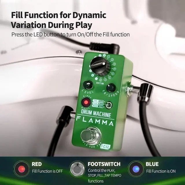 Alt view image 4 of 7 - FC12 Drum Machine Guitar Pedal Drum Pedal with Real-Time FILL Function, Guitar Effect Pedal with 48 Drum Grooves 6 Music Styles & Tap Tempo EQ Presets, 44.1kHz/24Bit Mini Pedal