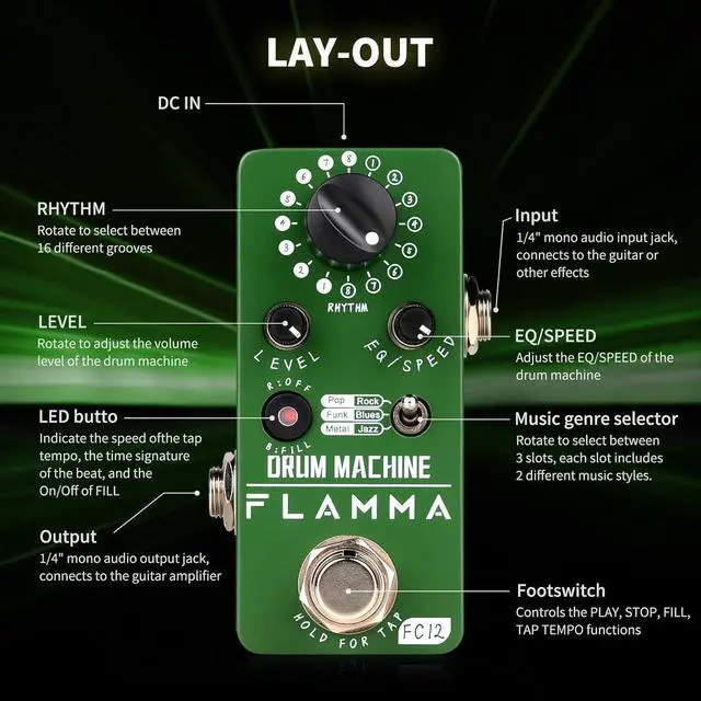 Alt view image 7 of 7 - FC12 Drum Machine Guitar Pedal Drum Pedal with Real-Time FILL Function, Guitar Effect Pedal with 48 Drum Grooves 6 Music Styles & Tap Tempo EQ Presets, 44.1kHz/24Bit Mini Pedal