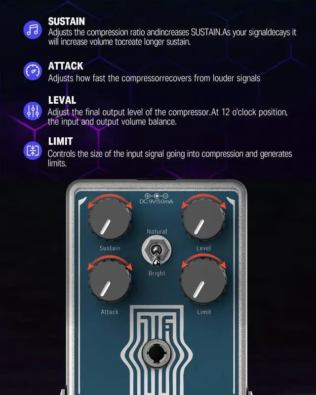 Alt view image 3 of 6 - Compressor Guitar Pedal, Lax Comp Compressor Pedal for Electric Guitar and Bass, Classic Peak Limiter Style Compressor with 2 Band EQ Boost Effect Pure Analog True Bypass
