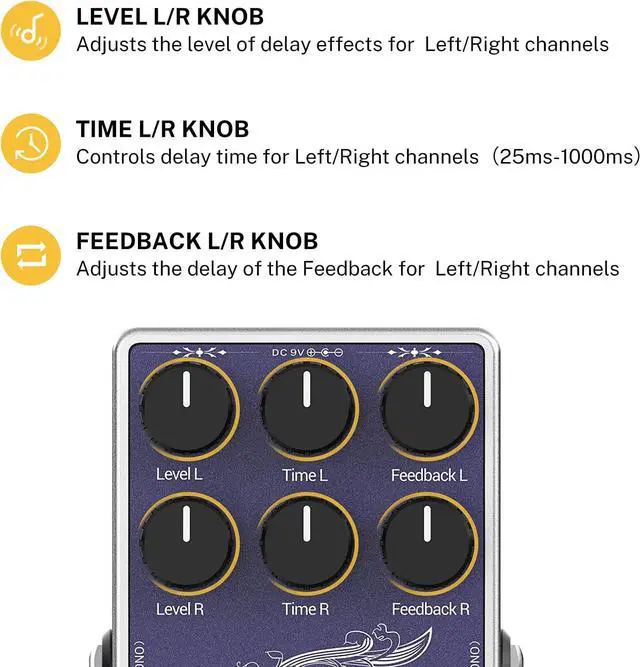 Alt view image 4 of 6 - White Tape Stereo Delay Pedal, Analog Delay with Echo Effect, True Bypass, 2 Independent Channels for Electric Guitar, Bass, Synth, Drum Machine