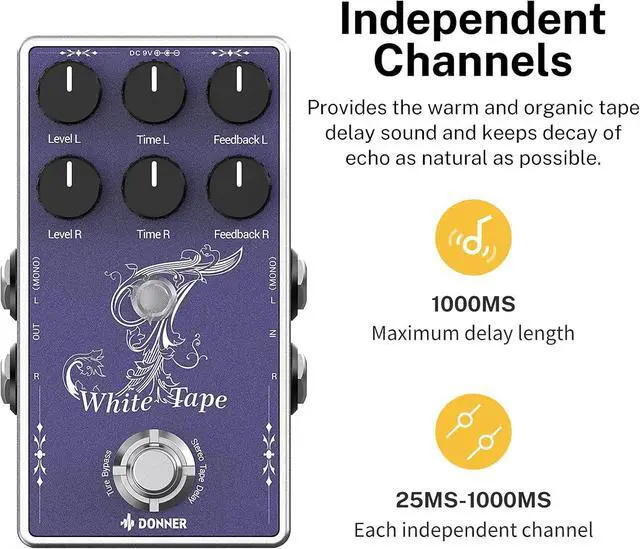 Alt view image 6 of 6 - White Tape Stereo Delay Pedal, Analog Delay with Echo Effect, True Bypass, 2 Independent Channels for Electric Guitar, Bass, Synth, Drum Machine