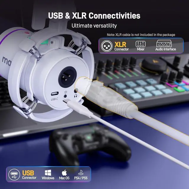 Alt view image 3 of 7 - XLR/USB Dynamic Microphone Kit, RGB Podcast Mic with Software, Mute, Gain Knob, Volume Control, Boom Arm for Streaming, Gaming, Voice-Over, Recording-PD200XS White