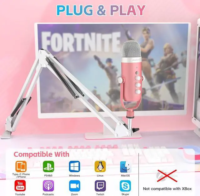 Alt view image 2 of 7 - Gaming Microphone Kit,Podcast Condenser USB Mic with Boom Arm,Supercardioid Microphone with Mute Button,Echo Volume Gain Knob,Adjust Monitor for Phone PC Computer (Pink)