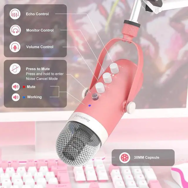 Alt view image 4 of 7 - Gaming Microphone Kit,Podcast Condenser USB Mic with Boom Arm,Supercardioid Microphone with Mute Button,Echo Volume Gain Knob,Adjust Monitor for Phone PC Computer (Pink)