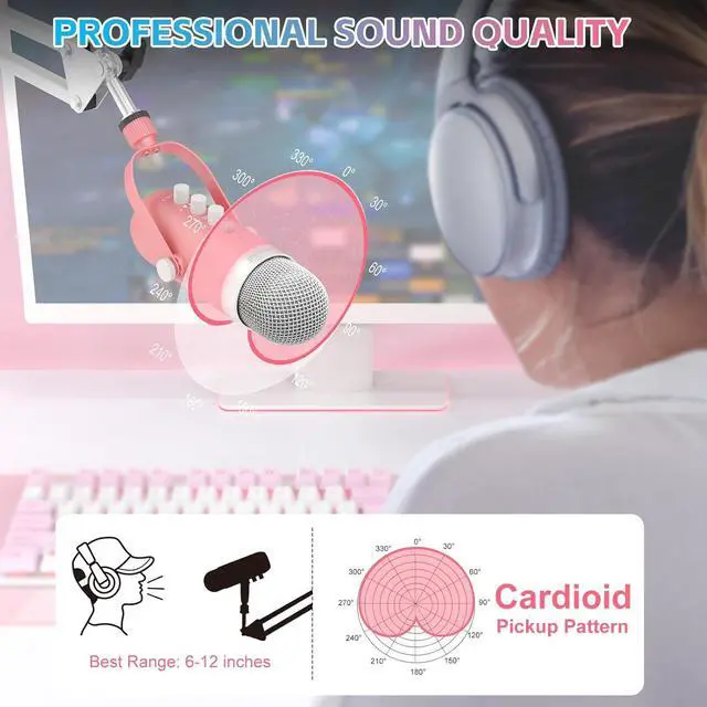 Alt view image 3 of 7 - Gaming Microphone Kit,Podcast Condenser USB Mic with Boom Arm,Supercardioid Microphone with Mute Button,Echo Volume Gain Knob,Adjust Monitor for Phone PC Computer (Pink)