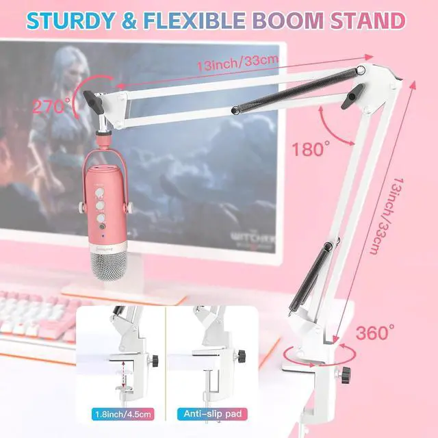Alt view image 6 of 7 - Gaming Microphone Kit,Podcast Condenser USB Mic with Boom Arm,Supercardioid Microphone with Mute Button,Echo Volume Gain Knob,Adjust Monitor for Phone PC Computer (Pink)