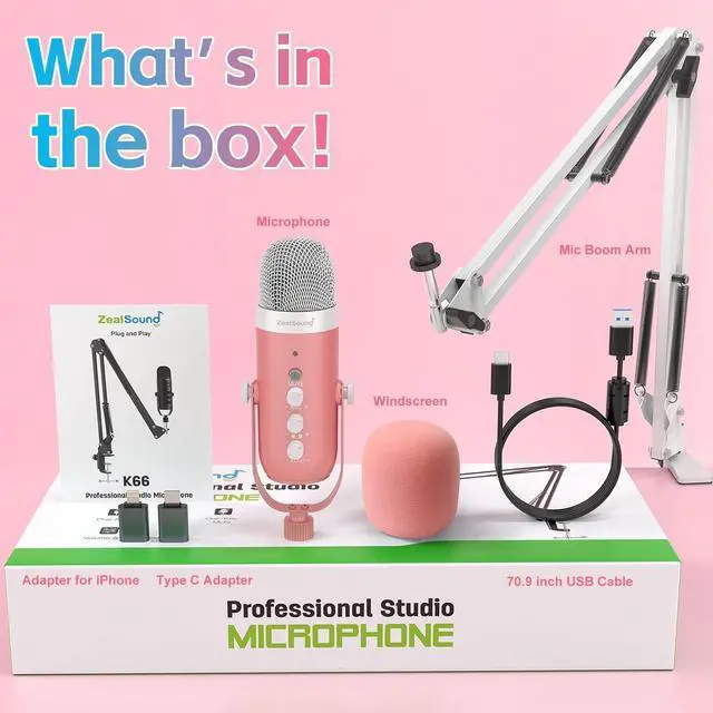 Alt view image 7 of 7 - Gaming Microphone Kit,Podcast Condenser USB Mic with Boom Arm,Supercardioid Microphone with Mute Button,Echo Volume Gain Knob,Adjust Monitor for Phone PC Computer (Pink)