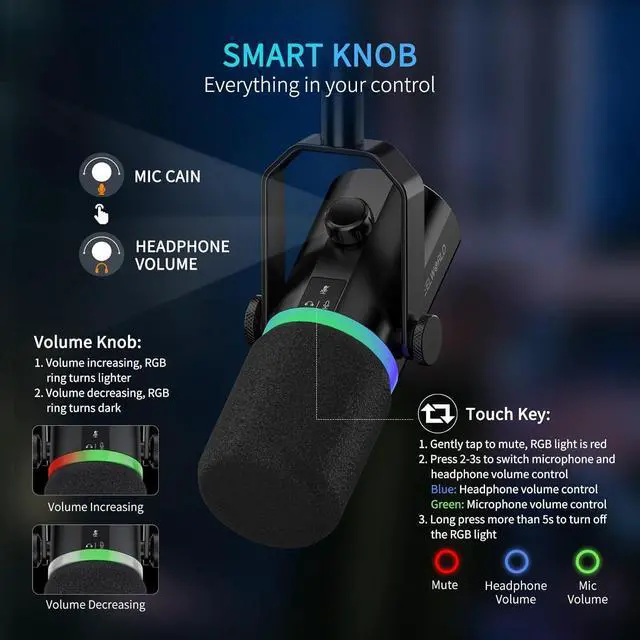 Alt view image 6 of 7 - PM1 XLR USB Dynamic Microphone with Boom Arm Stand for Podcast Recording PC Computer Gaming Live Streaming Vocal Voice-Over, Studio Metal Mic, RGB Light, Mute Button, Headphones Jack