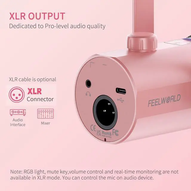 Alt view image 3 of 7 - PM1 XLR USB Dynamic Microphone with Boom Arm Stand for Podcast Recording PC Computer Gaming Live Streaming Vocal Voice-Over, Studio Metal Mic, RGB Light, Mute Button, Headphones Jack (Pink)